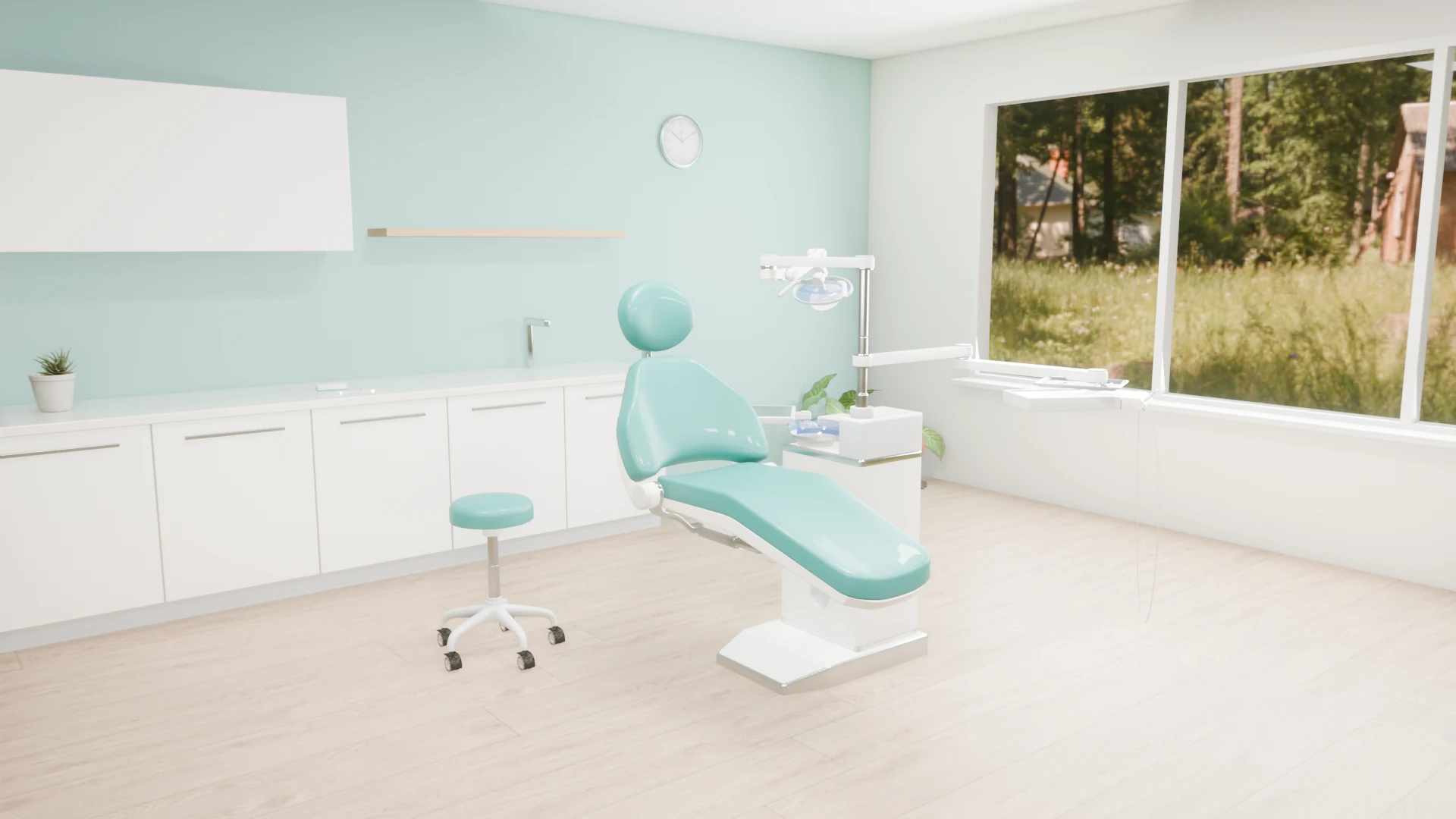 Full HD frame of the treatment room at the end of the Kivora film, the chair upright and the light off