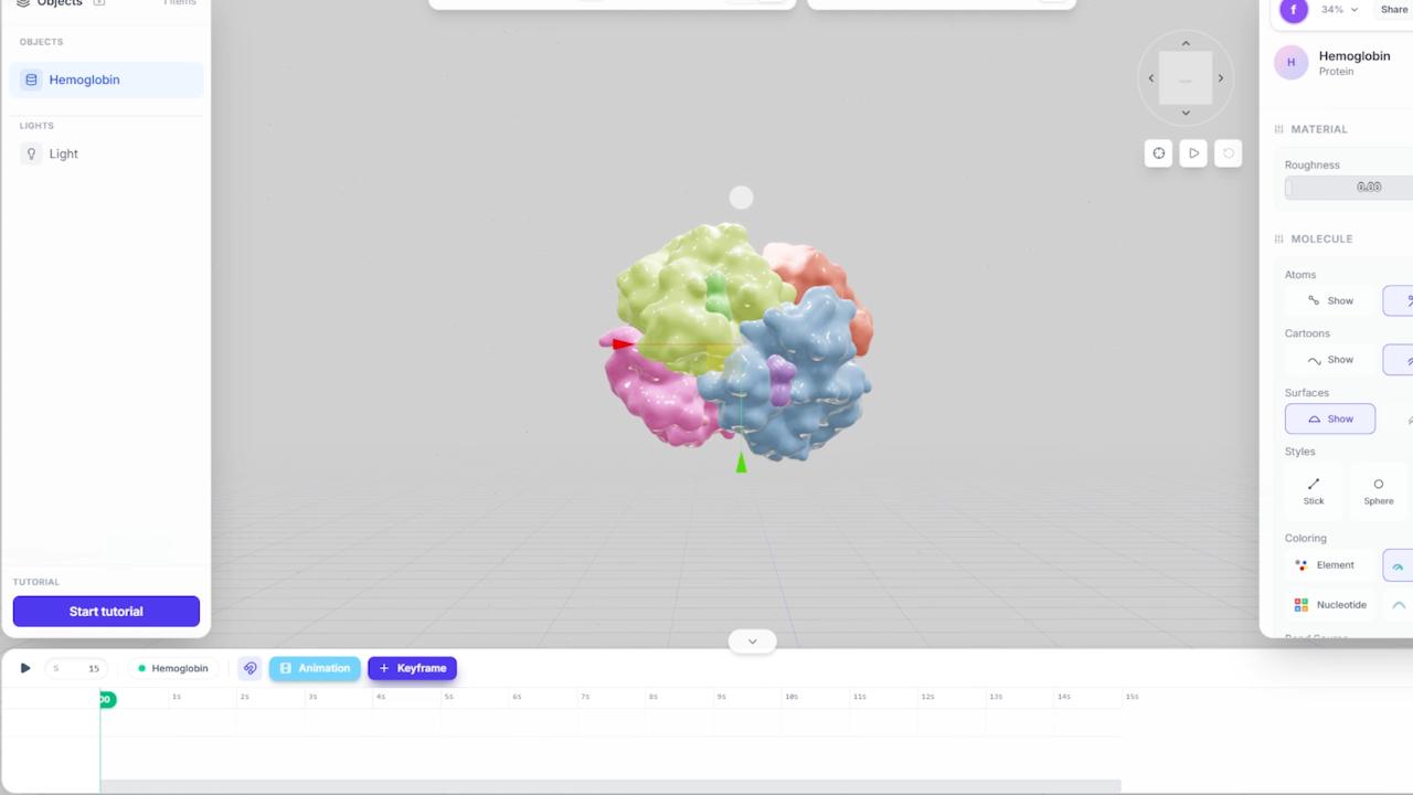 Animiotics editor with a 3D protein, scene controls, and an animation timeline